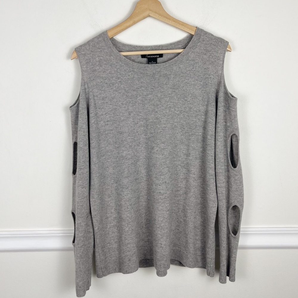 7 seasons Gray Cold‎ Shoulders Cut out Sleeved 100% Cashmere Sweater Size Medium